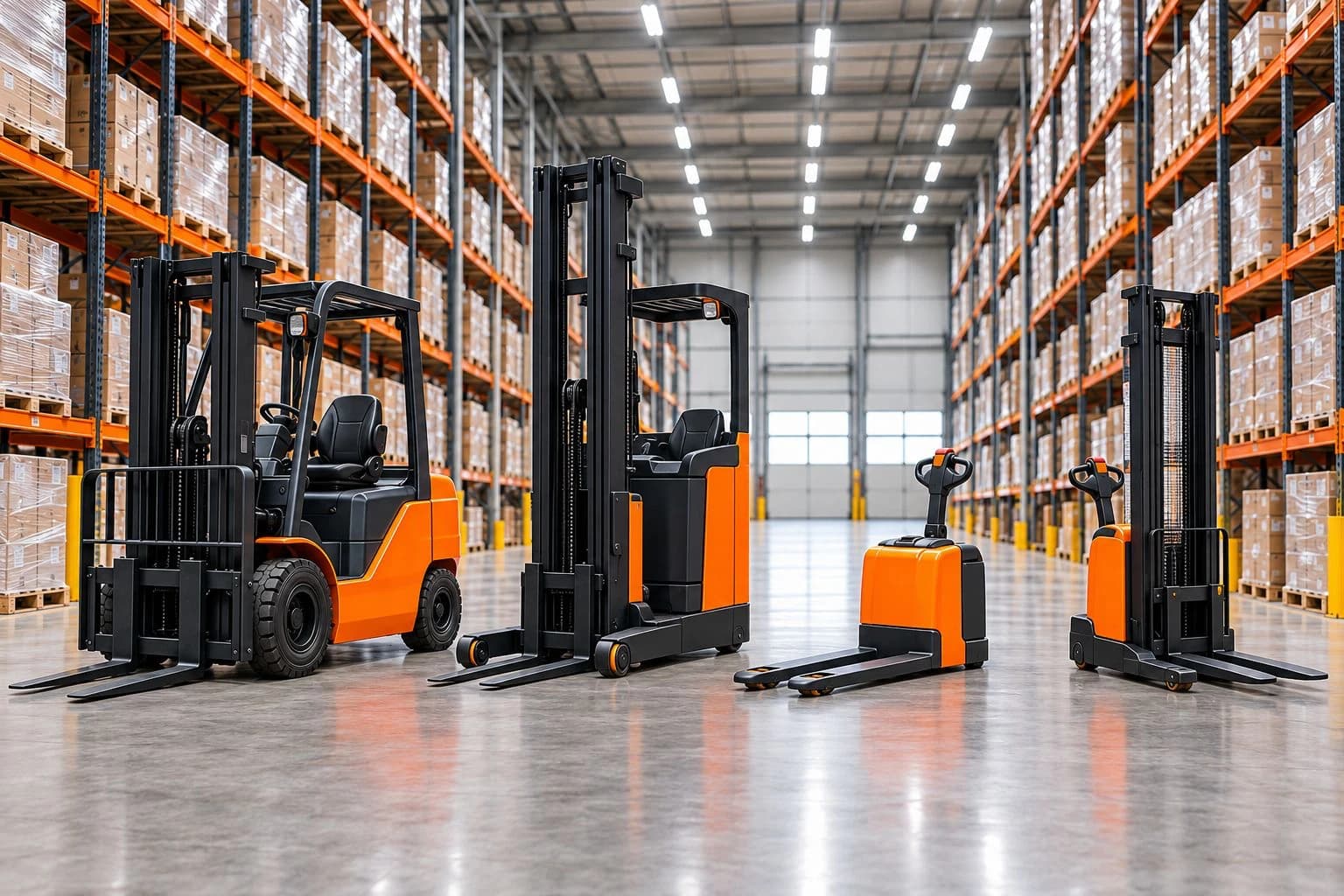 A forklift, reach truck, electric pallet truck and stacker in a warehouse